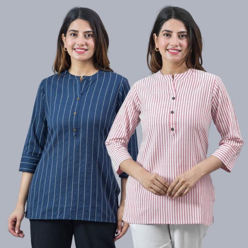 Combo of 2 Pink and Navy Blue Cotton Stripe Women Top-10497