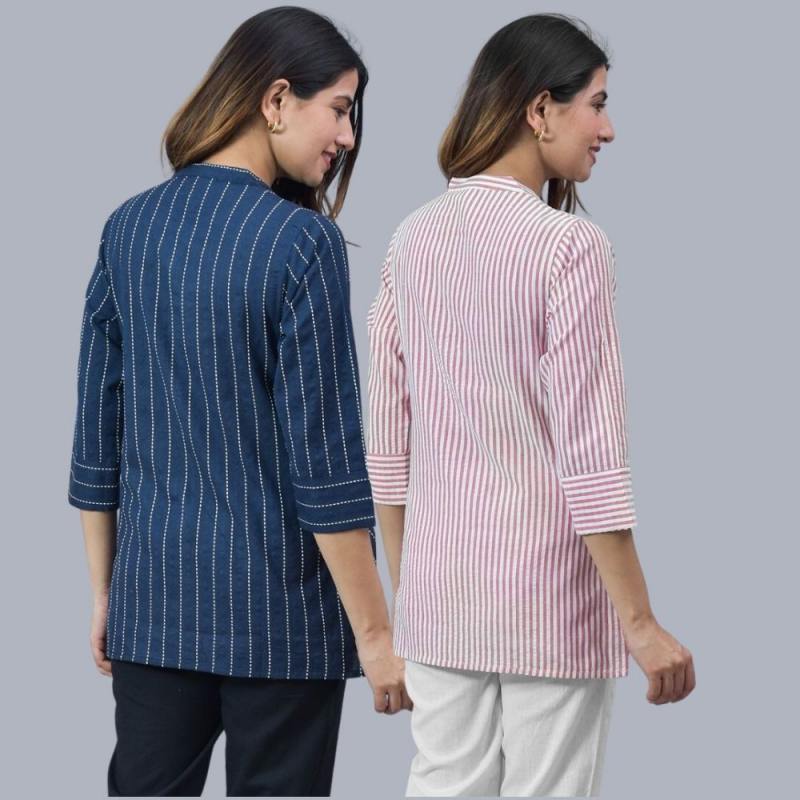Combo of 2 Pink and Navy Blue Cotton Stripe Women Top-10497