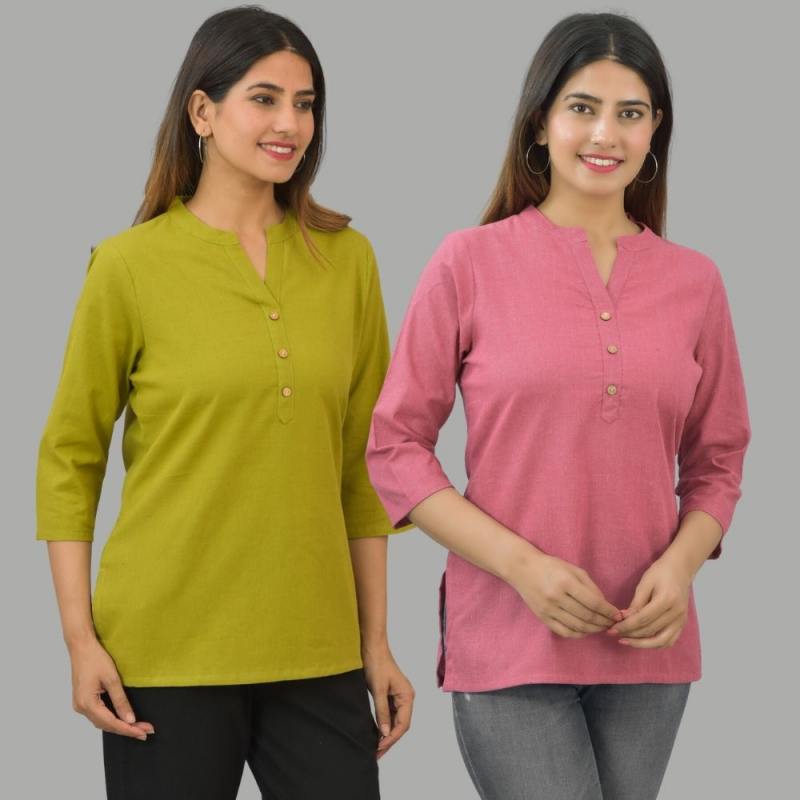 Combo of 2 Pink and Olive Green Cotton Flax Women Top-10666