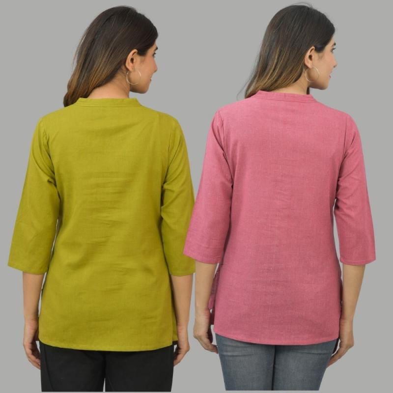Combo of 2 Pink and Olive Green Cotton Flax Women Top-10666