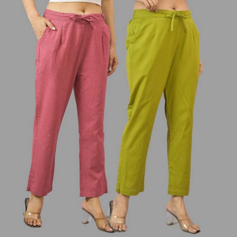 Combo of 2 Pink and Olive Green Cotton Flax Women Trouser Pants-11387