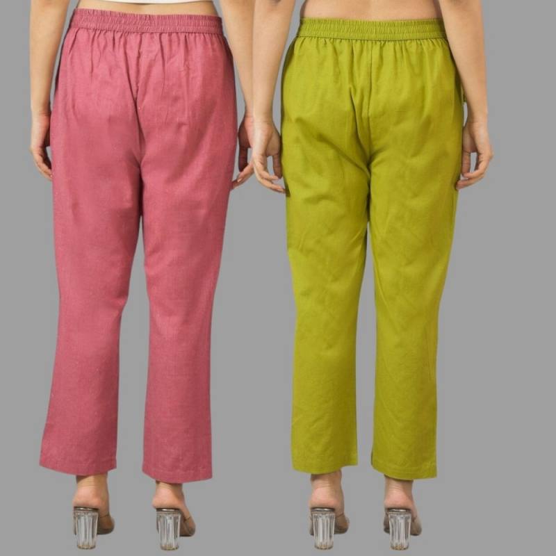 Combo of 2 Pink and Olive Green Cotton Flax Women Trouser Pants-11387
