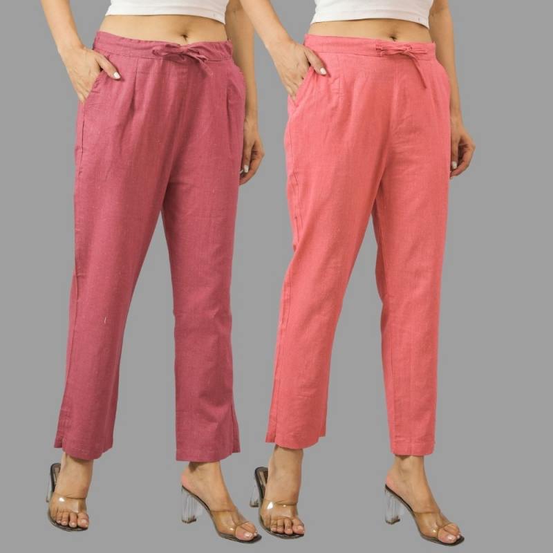 Combo of 2 Pink and Peach Cotton Flax Women Trouser Pants-11375