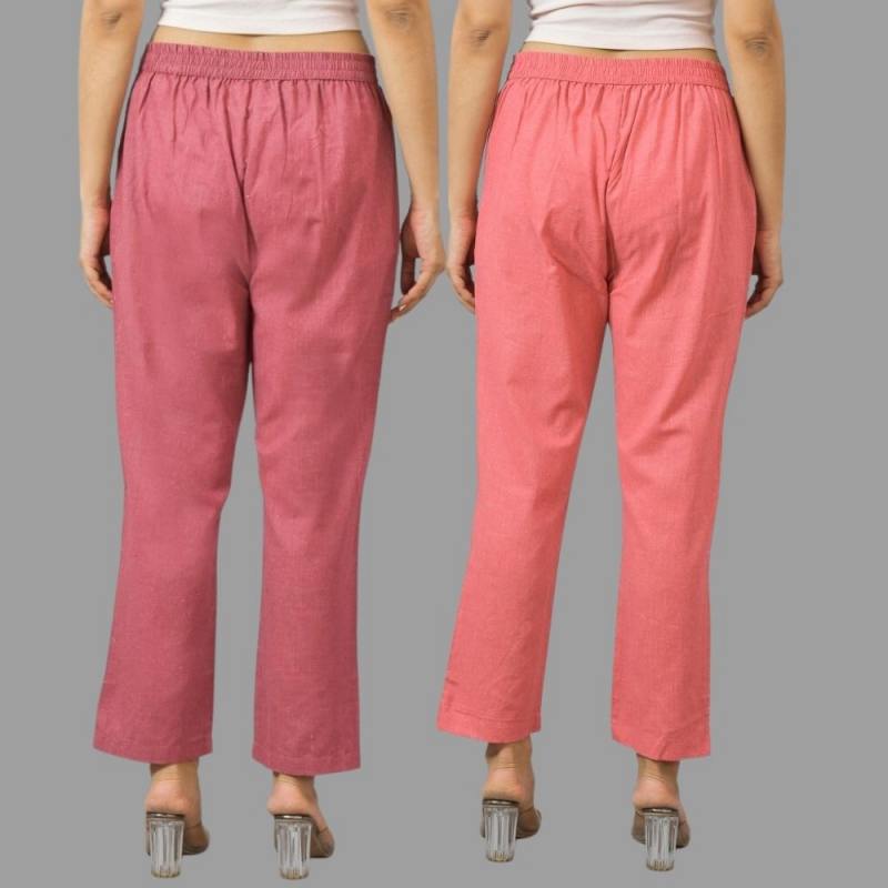 Combo of 2 Pink and Peach Cotton Flax Women Trouser Pants-11375
