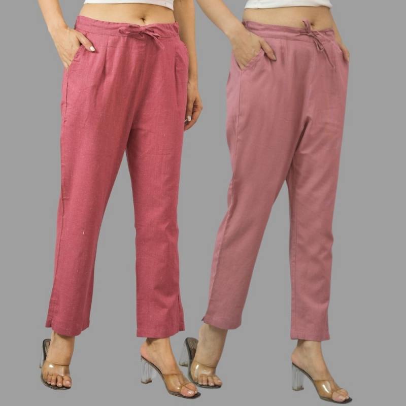 Combo of 2 Pink and Pink Cotton Flax Women Trouser Pants-11388