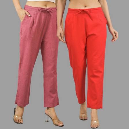 Combo of 2 Pink and Red Cotton Flax Women Trouser Pants-11389