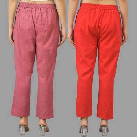 Combo of 2 Pink and Red Cotton Flax Women Trouser Pants-11389