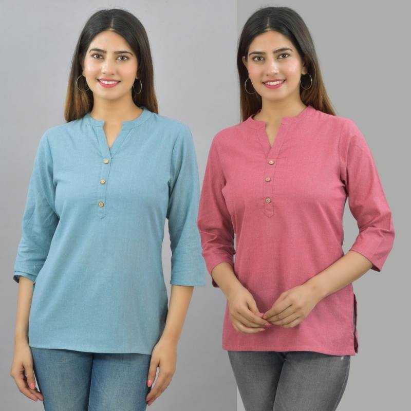Combo of 2 Pink and Sky Blue Cotton Flax Women Top-10683