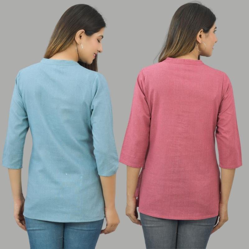 Combo of 2 Pink and Sky Blue Cotton Flax Women Top-10683