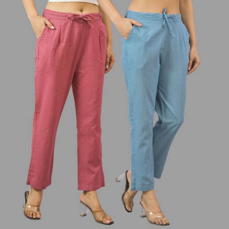 Combo of 2 Pink and Sky Blue Cotton Flax Women Trouser Pants-11390