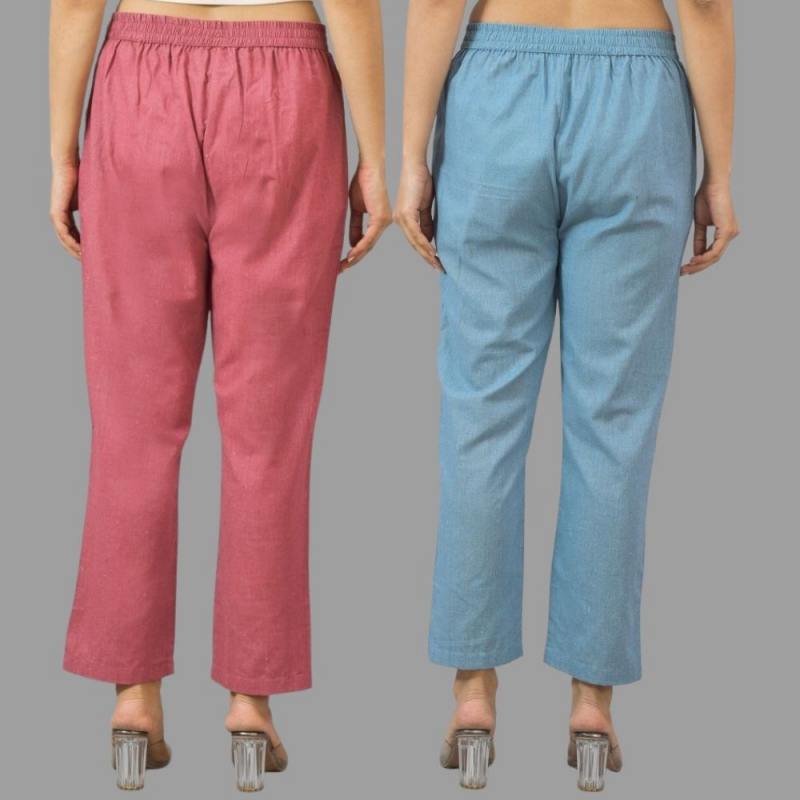 Combo of 2 Pink and Sky Blue Cotton Flax Women Trouser Pants-11390