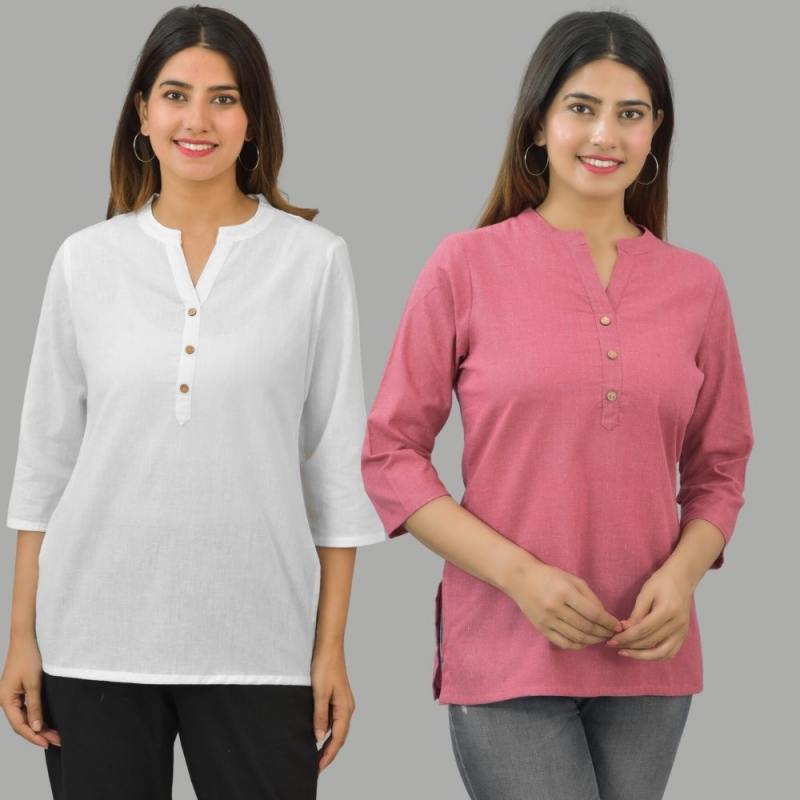Combo of 2 Pink and White Cotton Flax Women Top-10678