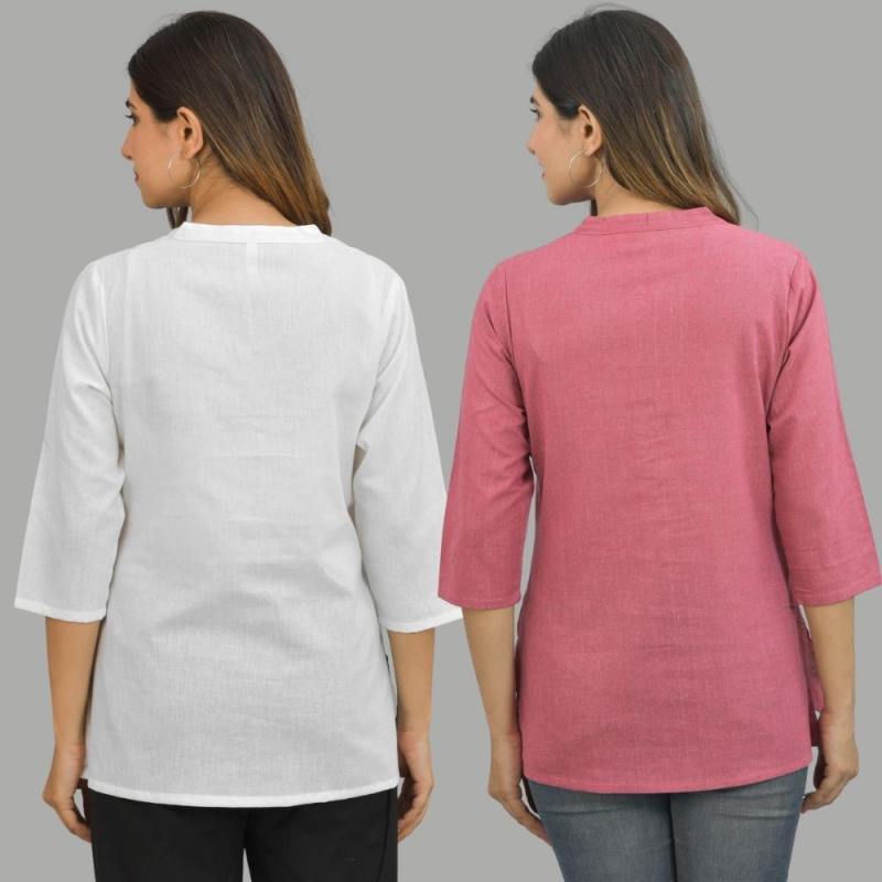 Combo of 2 Pink and White Cotton Flax Women Top-10678