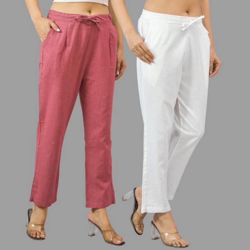 Combo of 2 Pink and White Cotton Flax Women Trouser Pants-11392