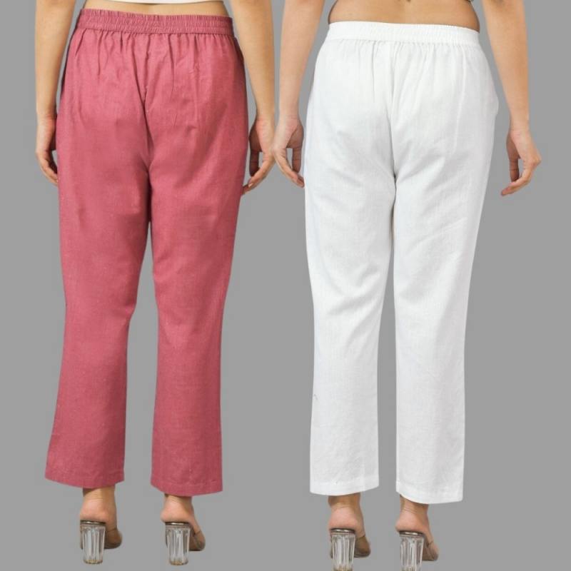 Combo of 2 Pink and White Cotton Flax Women Trouser Pants-11392