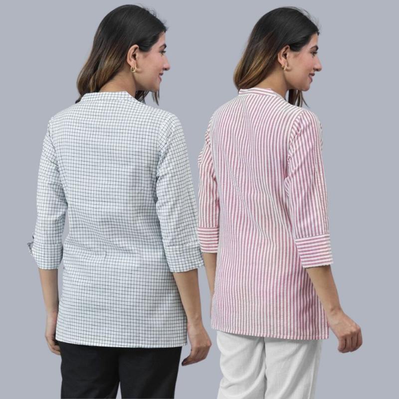 Combo of 2 Pink and White Cotton Stripe Women Top-10482