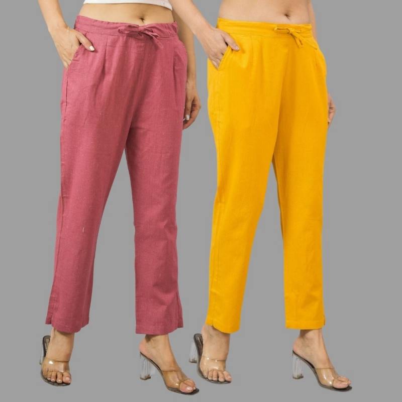 Combo of 2 Pink and Yellow Cotton Flax Women Trouser Pants-11393