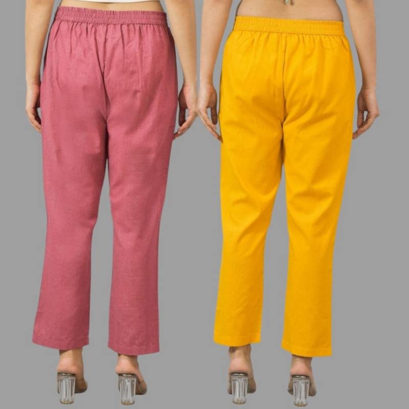 Combo of 2 Pink and Yellow Cotton Flax Women Trouser Pants-11393