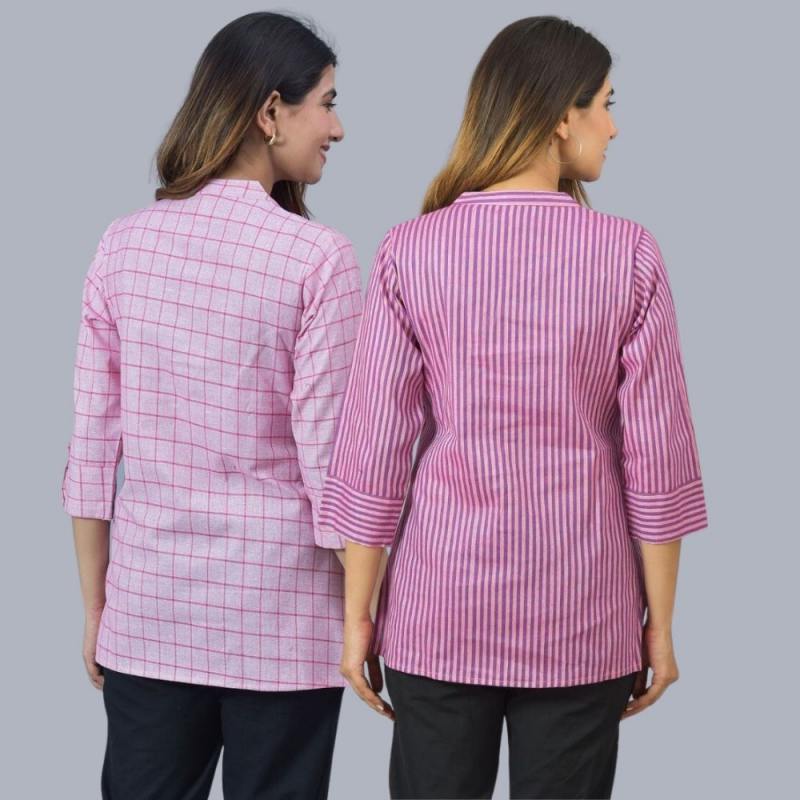 Combo of 2 Purple and Baby Pink Cotton Checks and Stripe Women Top-10472