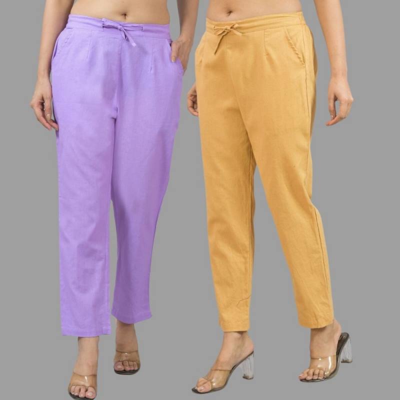 Combo of 2 Purple and Beige Cotton Flax Women Trouser Pants-11319