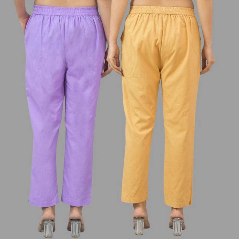 Combo of 2 Purple and Beige Cotton Flax Women Trouser Pants-11319