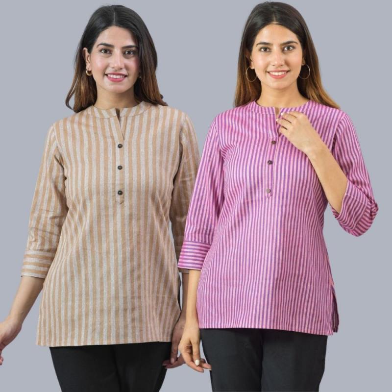 Combo of 2 Purple and Beige Cotton Stripe Women Top-10489