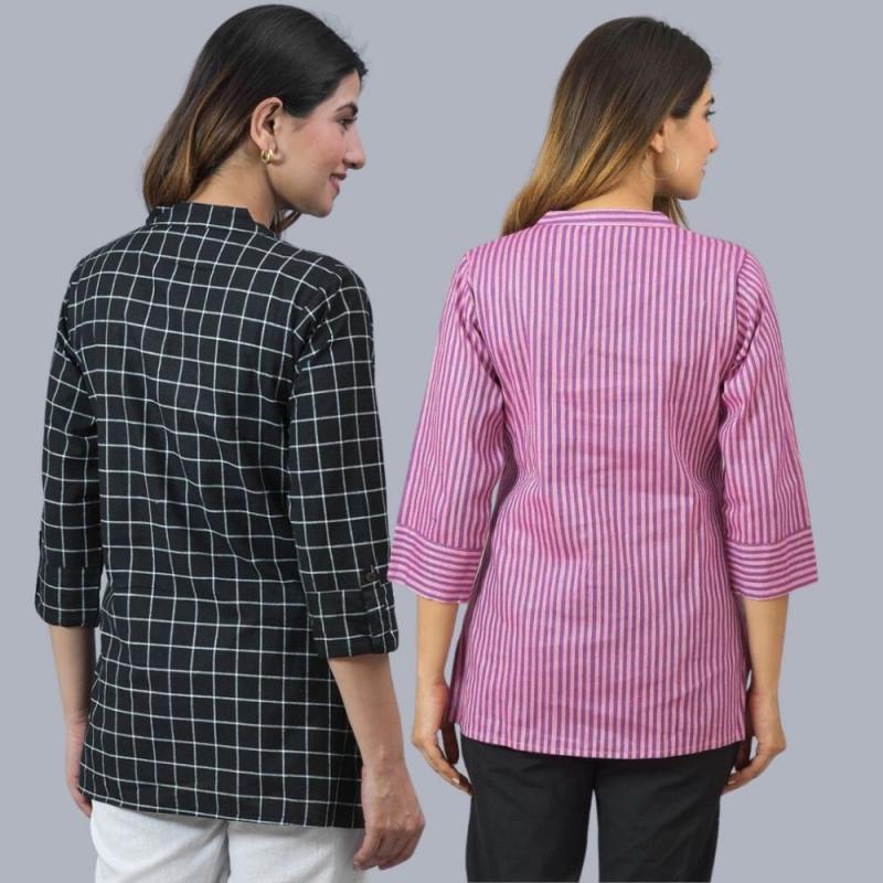 Combo of 2 Purple and Black Cotton Checks and Stripe Women Top-10451