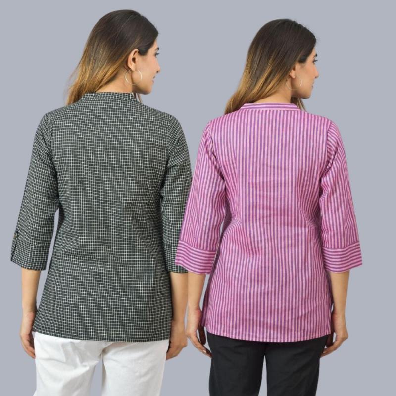 Combo of 2 Purple and Black Cotton Checks and Stripe Women Top-10462