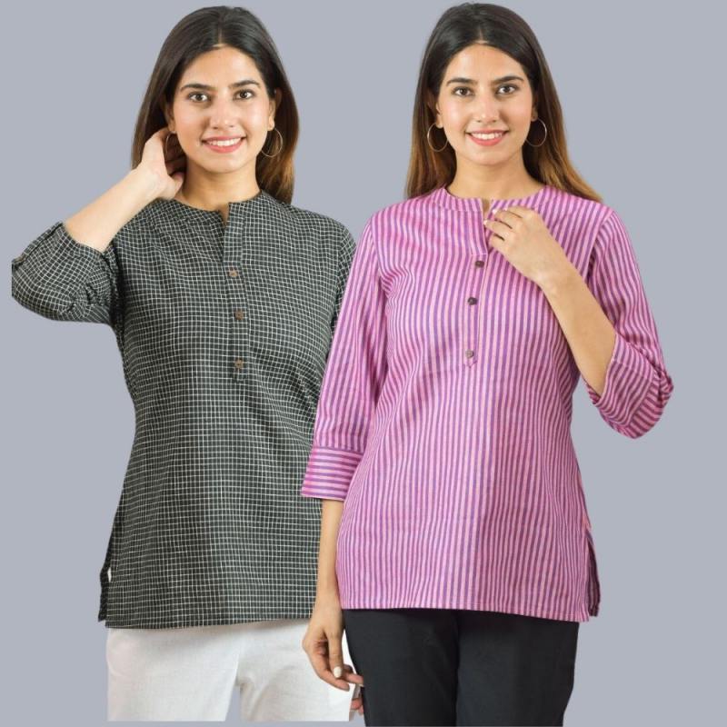 Combo of 2 Purple and Black Cotton Checks and Stripe Women Top-10462