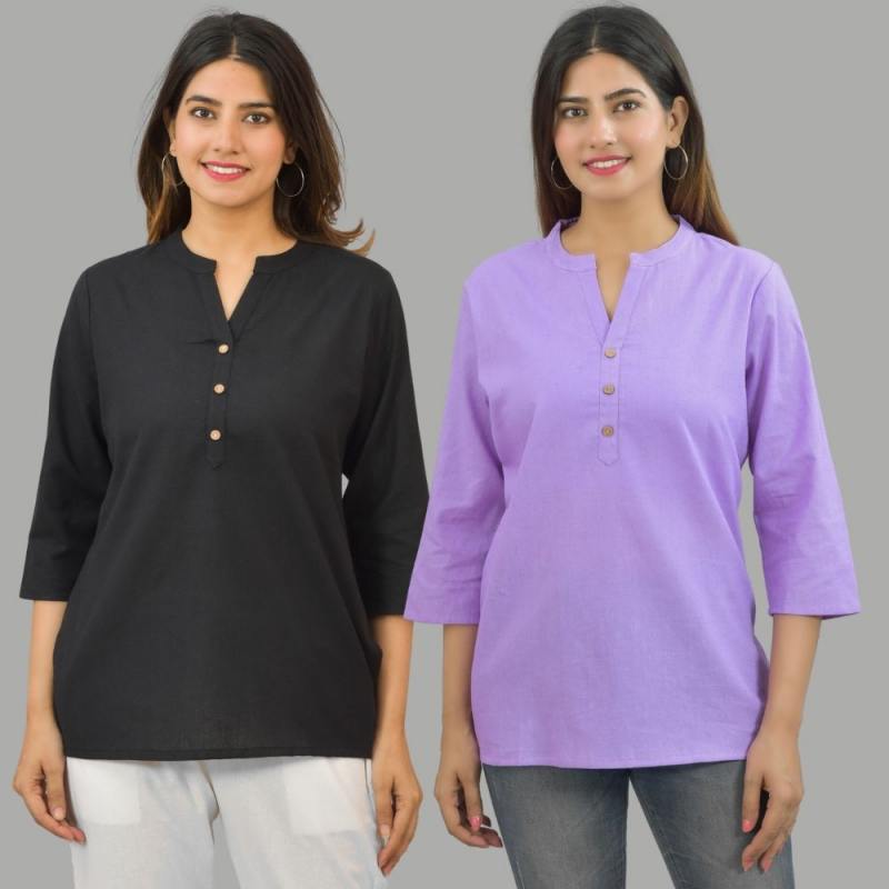 Combo of 2 Purple and Black Cotton Flax Women Top-10649