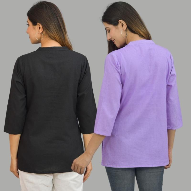 Combo of 2 Purple and Black Cotton Flax Women Top-10649