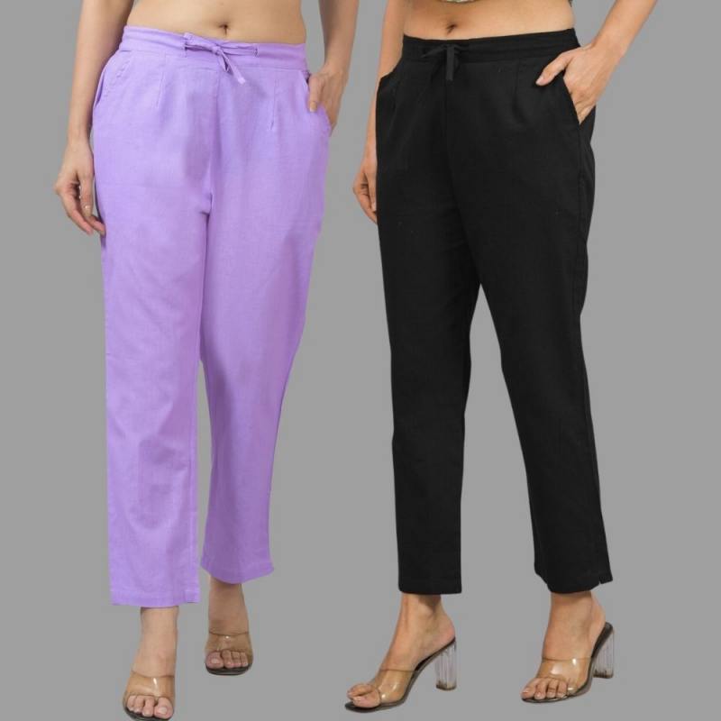 Combo of 2 Purple and Black Cotton Flax Women Trouser Pants-11318