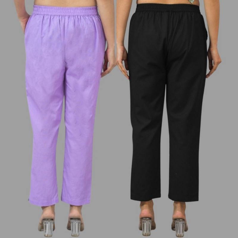 Combo of 2 Purple and Black Cotton Flax Women Trouser Pants-11318