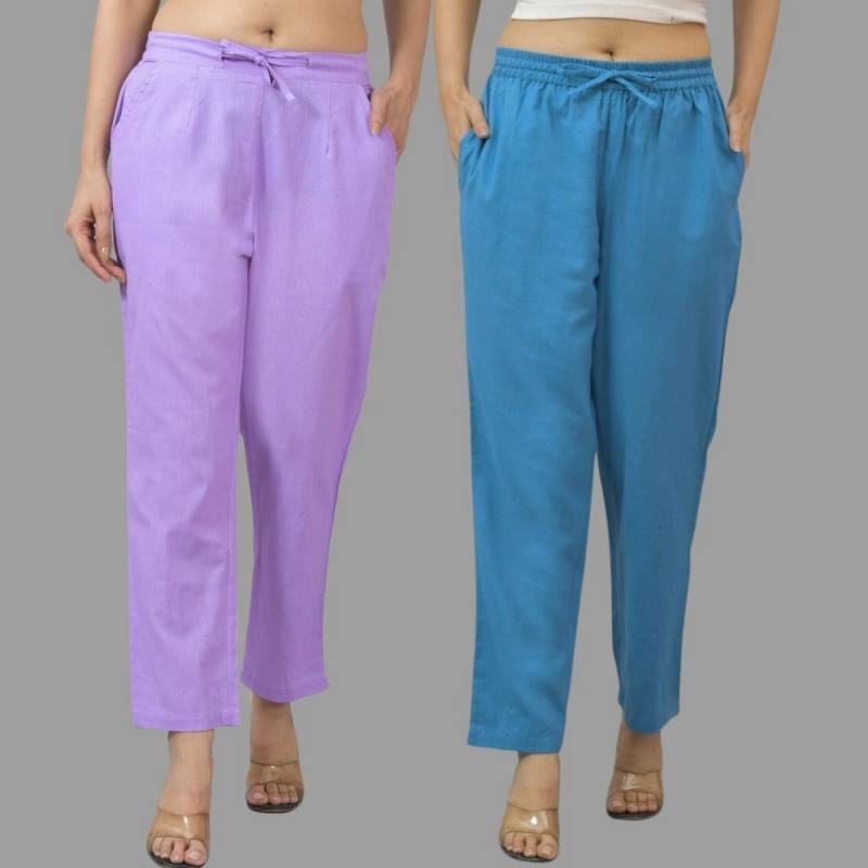 Combo of 2 Purple and Blue Cotton Flax Women Trouser Pants-11331