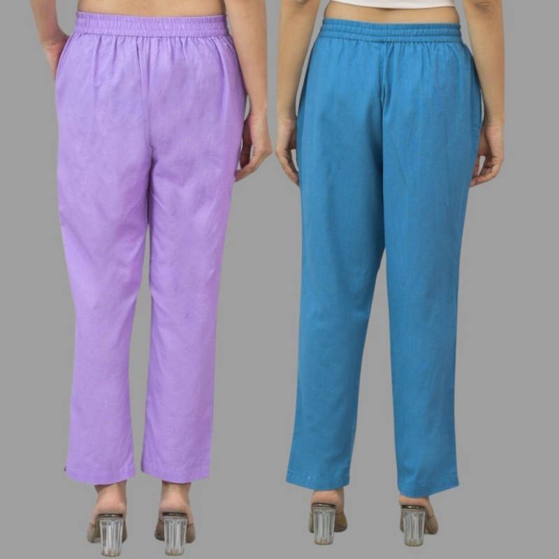 Combo of 2 Purple and Blue Cotton Flax Women Trouser Pants-11331