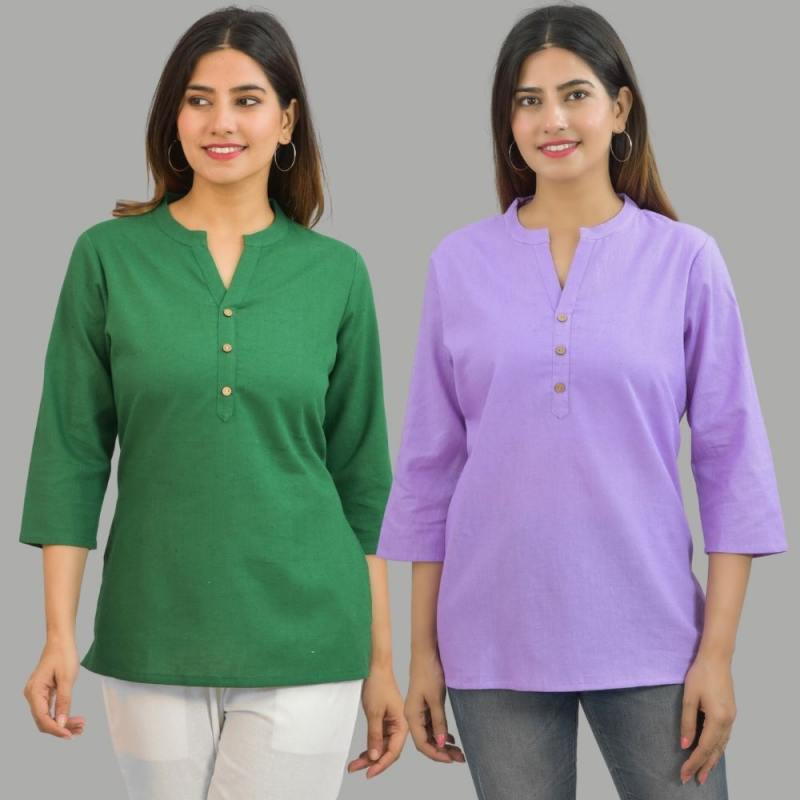 Combo of 2 Purple and Bottle Green Cotton Flax Women Top-10637