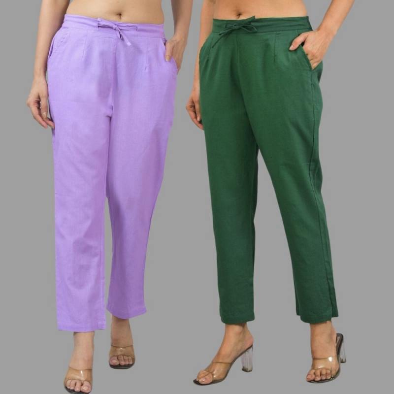 Combo of 2 Purple and Bottle Green Cotton Flax Women Trouser Pants-11320