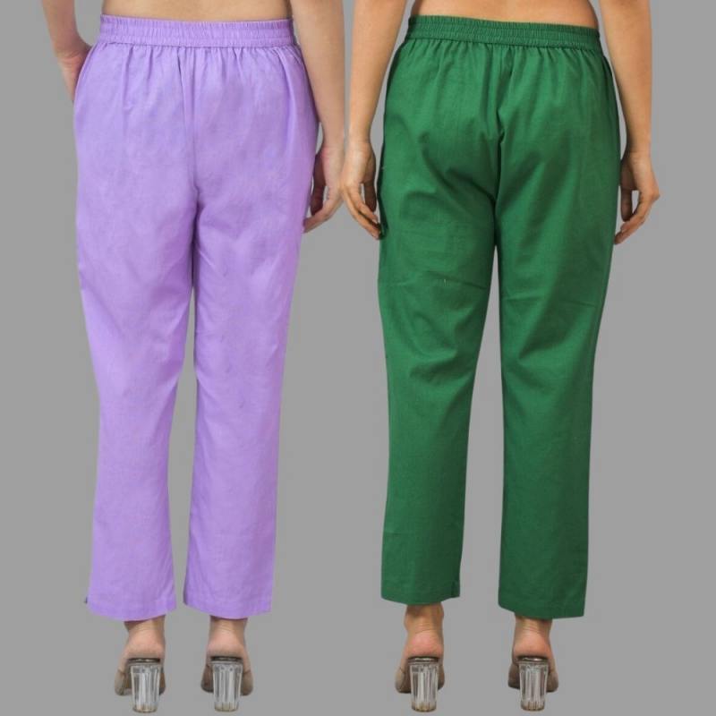 Combo of 2 Purple and Bottle Green Cotton Flax Women Trouser Pants-11320