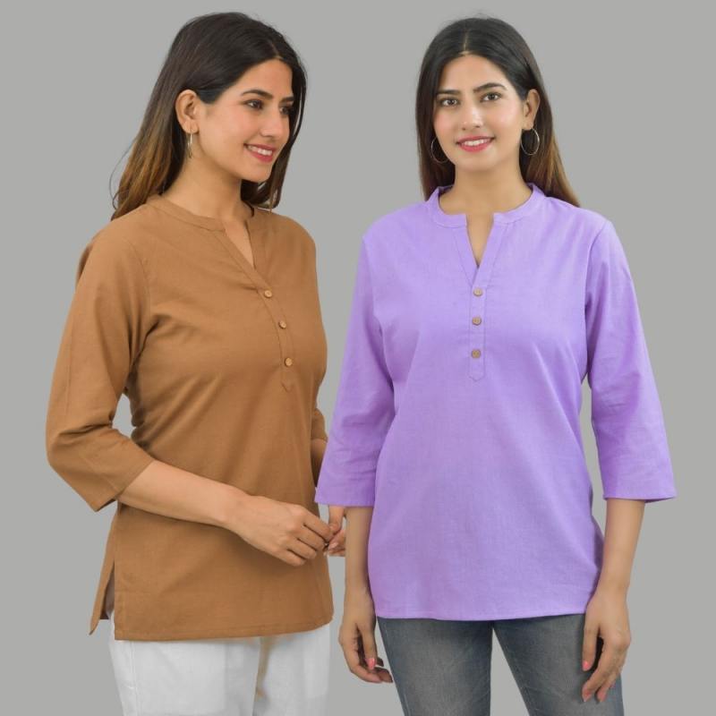 Combo of 2 Purple and Brown Cotton Flax Women Top-10655