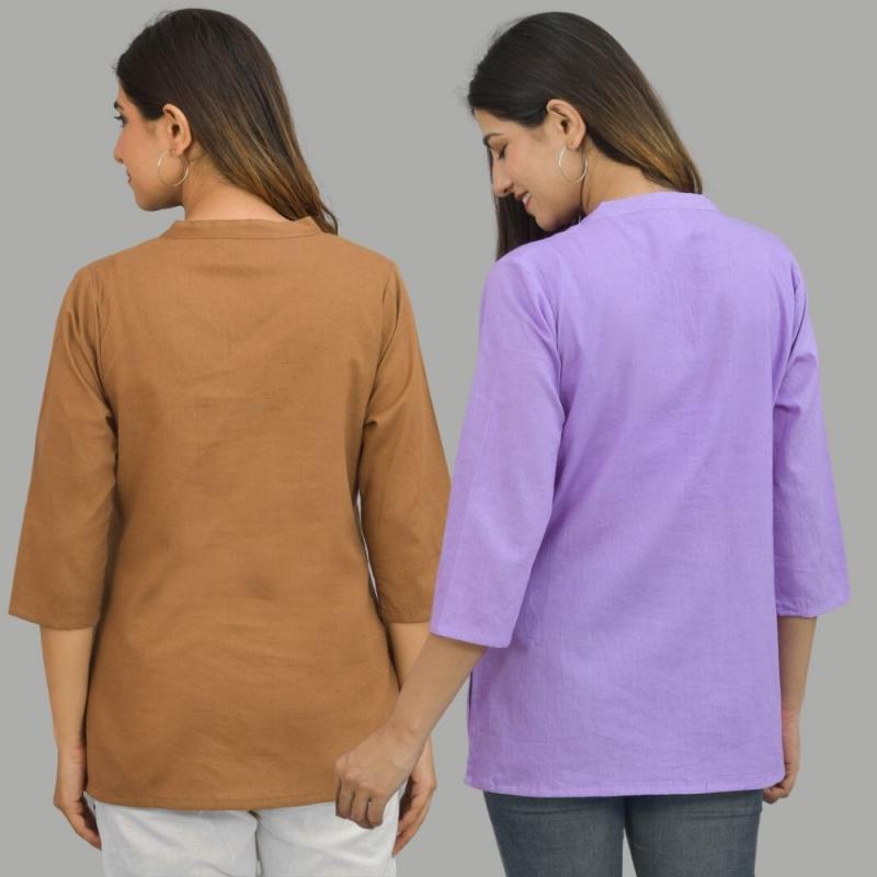 Combo of 2 Purple and Brown Cotton Flax Women Top-10655