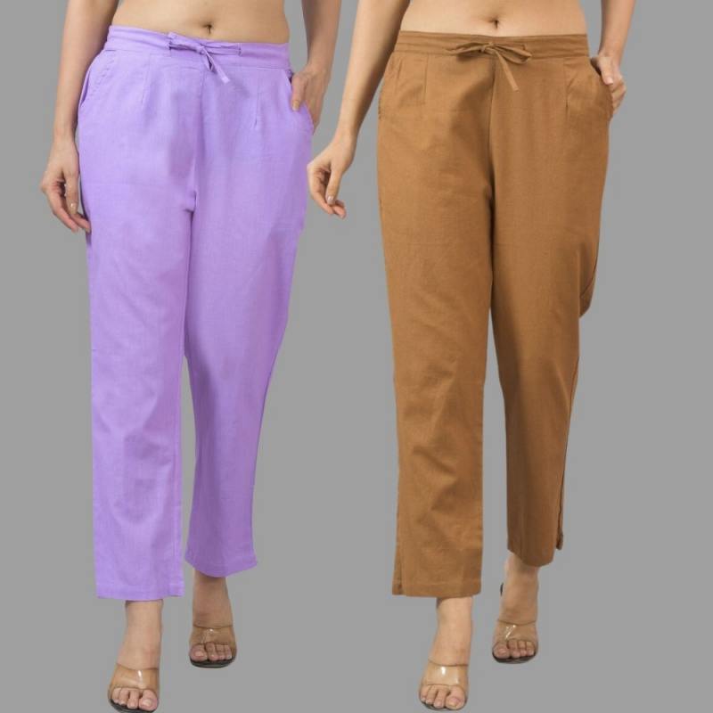 Combo of 2 Purple and Brown Cotton Flax Women Trouser Pants-11321