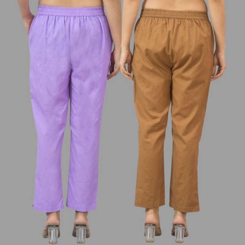 Combo of 2 Purple and Brown Cotton Flax Women Trouser Pants-11321