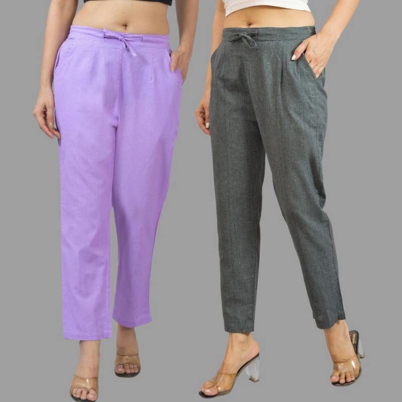 Combo of 2 Purple and Dark Gray Cotton Flax Women Trouser Pants-11316
