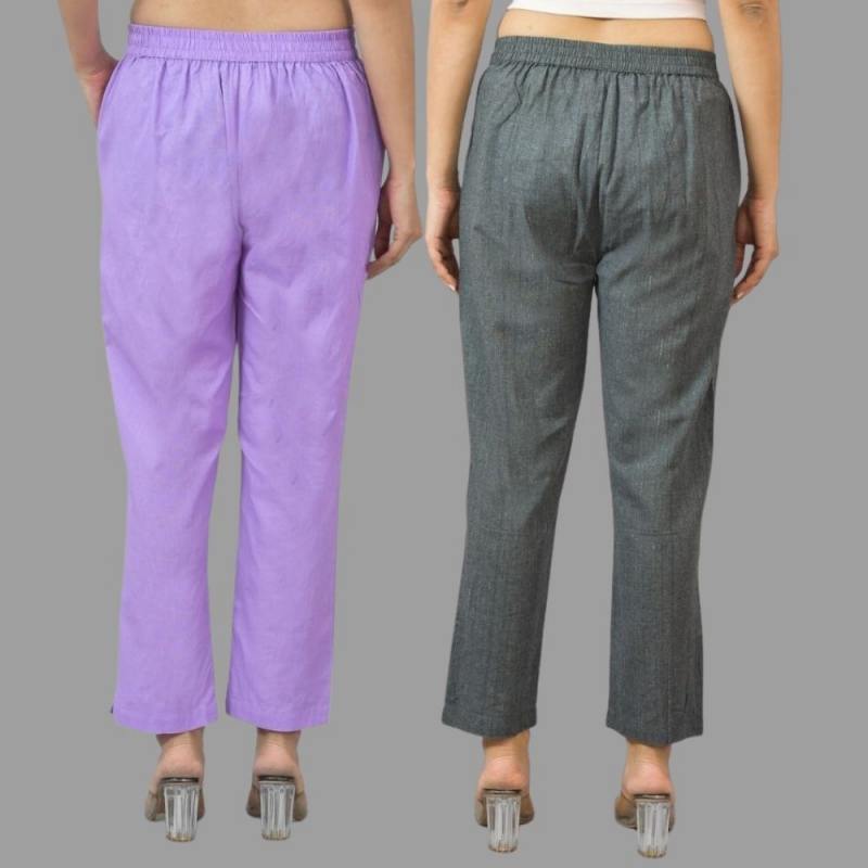 Combo of 2 Purple and Dark Gray Cotton Flax Women Trouser Pants-11316