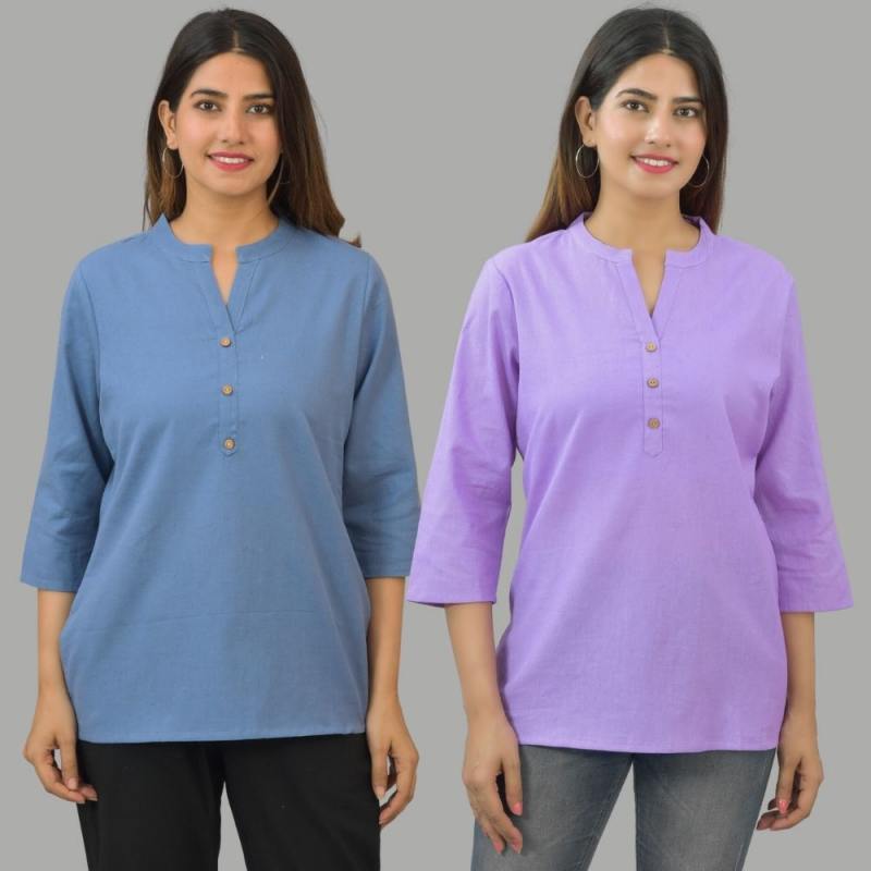 Combo of 2 Purple and Denim Blue Cotton Flax Women Top-10673