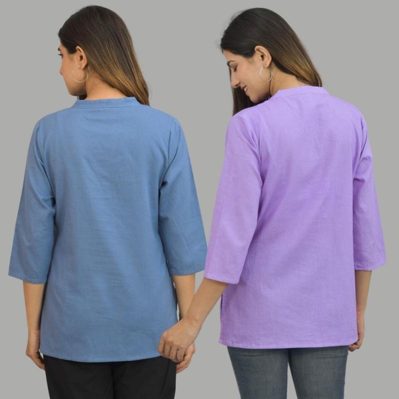 Combo of 2 Purple and Denim Blue Cotton Flax Women Top-10673