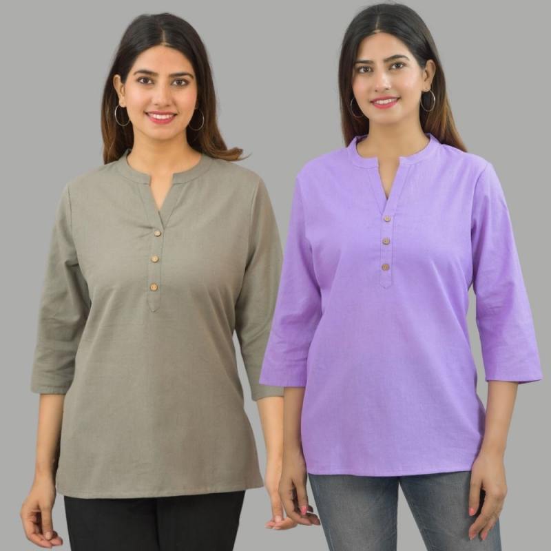 Combo of 2 Purple and Gray Cotton Flax Women Top-10631