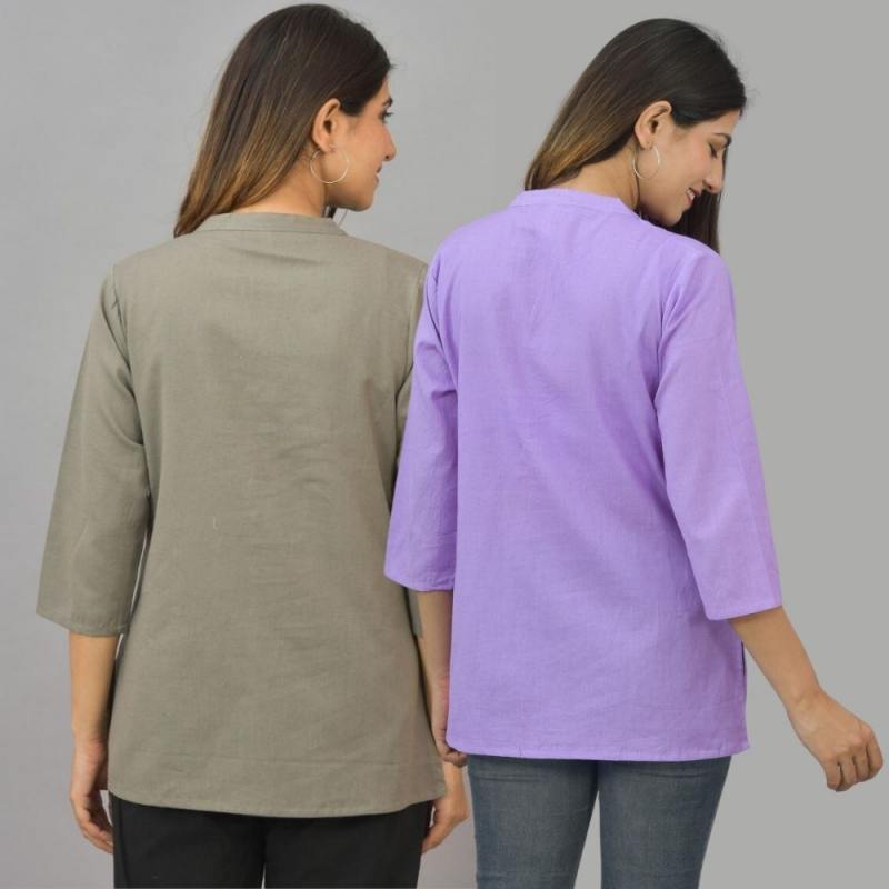 Combo of 2 Purple and Gray Cotton Flax Women Top-10631