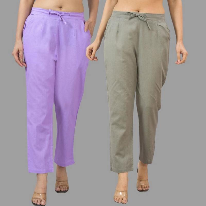 Combo of 2 Purple and Gray Cotton Flax Women Trouser Pants-11323