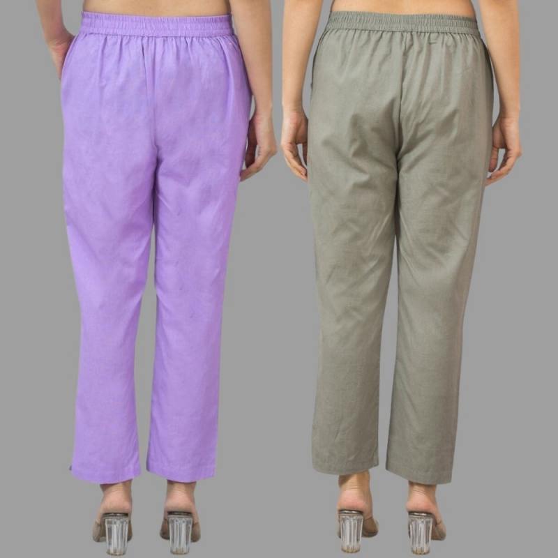 Combo of 2 Purple and Gray Cotton Flax Women Trouser Pants-11323